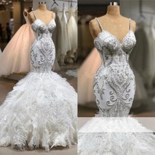 Luxury Mermaid Wedding Dresses Spaghetti Strap Feather Lace Applique Bridal Gown
