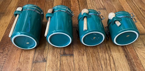 4 Piece Green Ceramic Kitchen Canisters With Locking Lids And Wooden Spoons - Picture 5 of 5