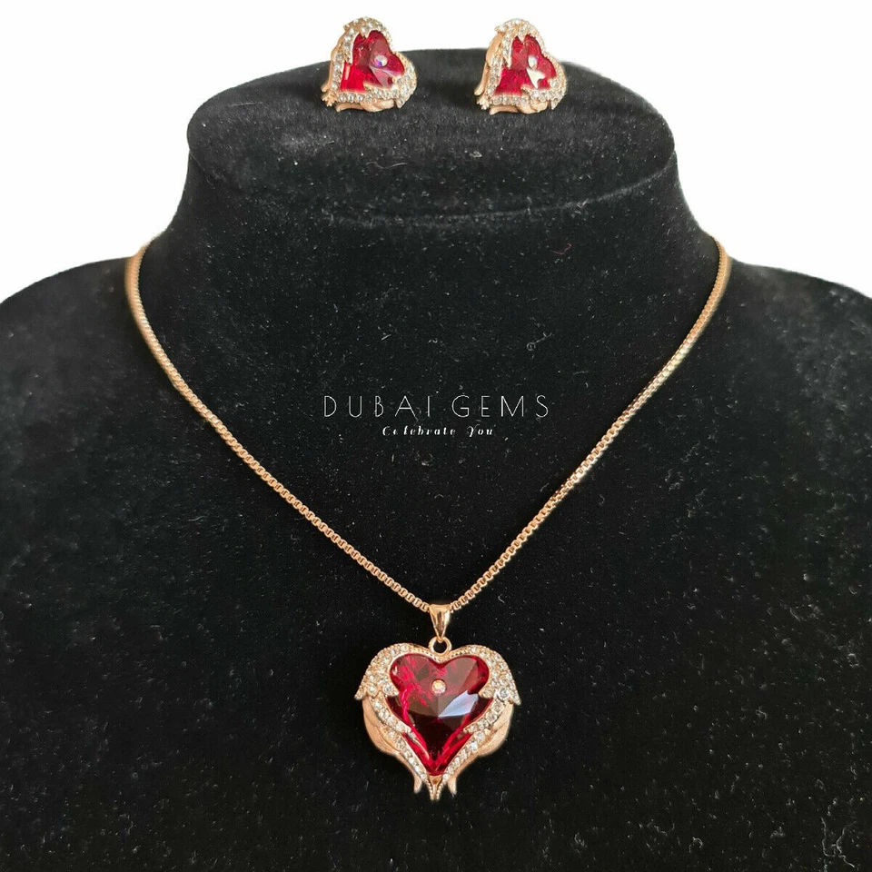 Rose Gold Finish Ruby Heart Cut Wings Created Diamond Necklace And Earrings - Image 4 of 4