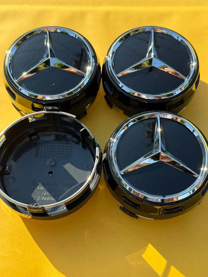 Set of 4 Mercedes Benz Glossy Black/Black outlined Center Caps 2.95 Inch/75mm - Image 2 of 4