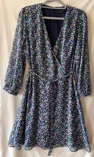 BANANA REPUBLIC, Women's 10, Blue Floral Dress, V Neck, Tie Waist, euc