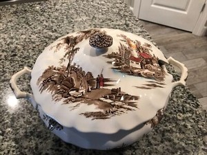 Vintage Johnson Bros. THE OLD MILL Soup Tureen 9" Round England  Mint