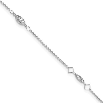 14K White Gold Circle Chain Diamond-cut Rice Puff Beads 9in Plus 1in Ext Anklet