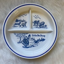 Vintage Milk Glass Blue Little Bo Peep Divided Baby Plate