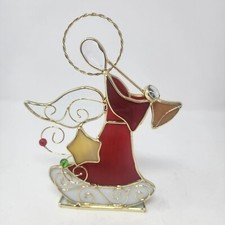Stained Glass Angel Votive Tealight Candle Holder Horn Trumpet Red Dress 8"
