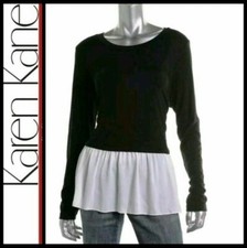 👚KAREN KANE Black White Blue Moon Jersey Chiffon Pullover Top Tunic ~ S M3020