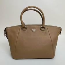 Prada Medium Camel Pebbled Leather Hand Tote Silver Metal Logo Hardware Auth
