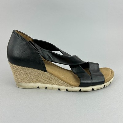 Gabor schwarze Leder Slipper Riemen offene Zehenpartie Espadrilles Keilabsatz Sandalen Schuhe UK6,5