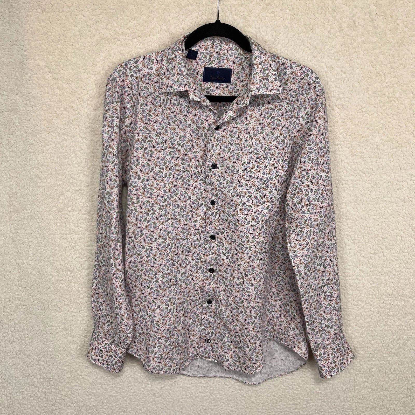 David Donahue Linen Shirt Mens M White Paisley Beach Vacation Travel Resort