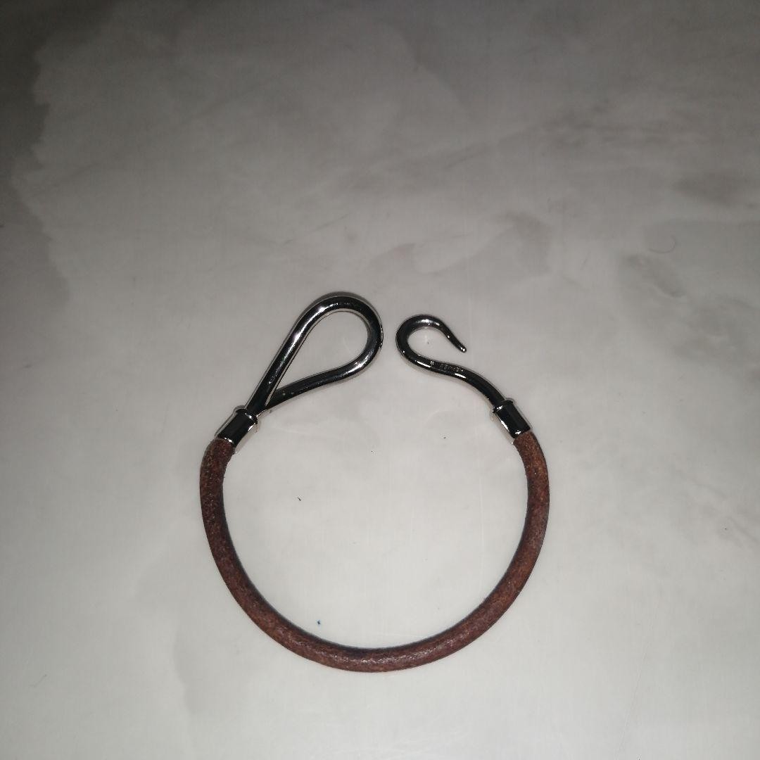 Hermes Brown Leather Hook Bracelet Silver Excellent Condition 7in No Box