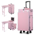 Byootique Nail Desk Rolling Makeup Train Case with Telescopic Handle, Pink — photo 1