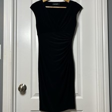 Lauren Ralph Lauren Ruched Cap Sleeve V-Neck Black Sheath Dress LBD Chic Style