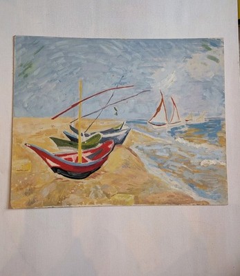 Boote am Meer Ölgemälde auf Karton Vintage Original Kunstwerk 