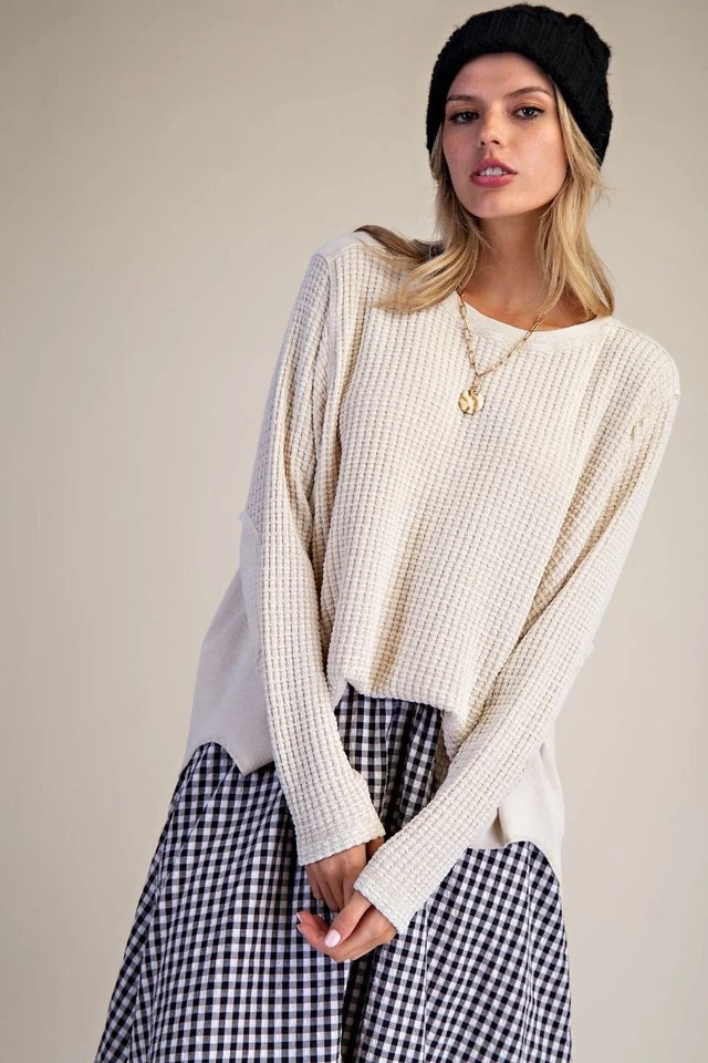 Easel Women's Thermal Waffle Knit Long Sleeve Mineral Washed Top in Natural - Image 3 of 4