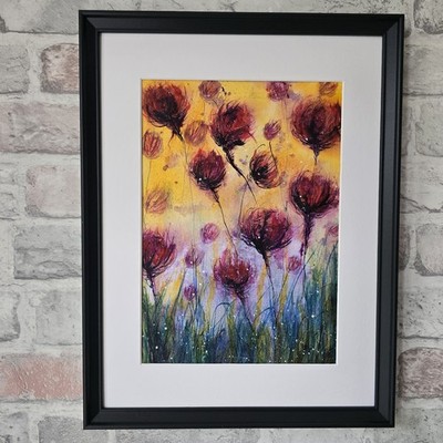 Original Tusche Aquarell Gemälde Blumen Kunst Blumen Abstrakt Gerahmt Unikat