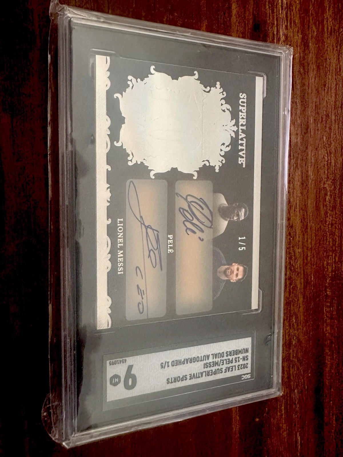 Messi Pele 2023 Leaf Superlative Multi-Sport Numbers Dual Auto 1/5 GOAT Mint 9 view 7
