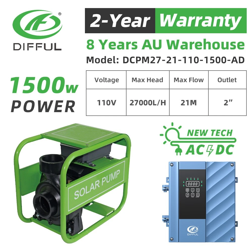 AU STOCK DIFFUL 1500W Solar Pool Pump 110V Hybrid AC DC High Flow Circulation