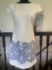 Viince Camuto Women's Silver Thread Textured Paisley Hem Dress Cream Blue Size 2