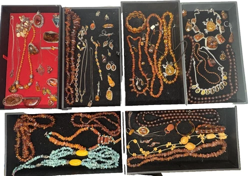 Vintage AMBER/FAUX AMBER JEWELRY Lot - Silver Costume Pieces Black Light Tested