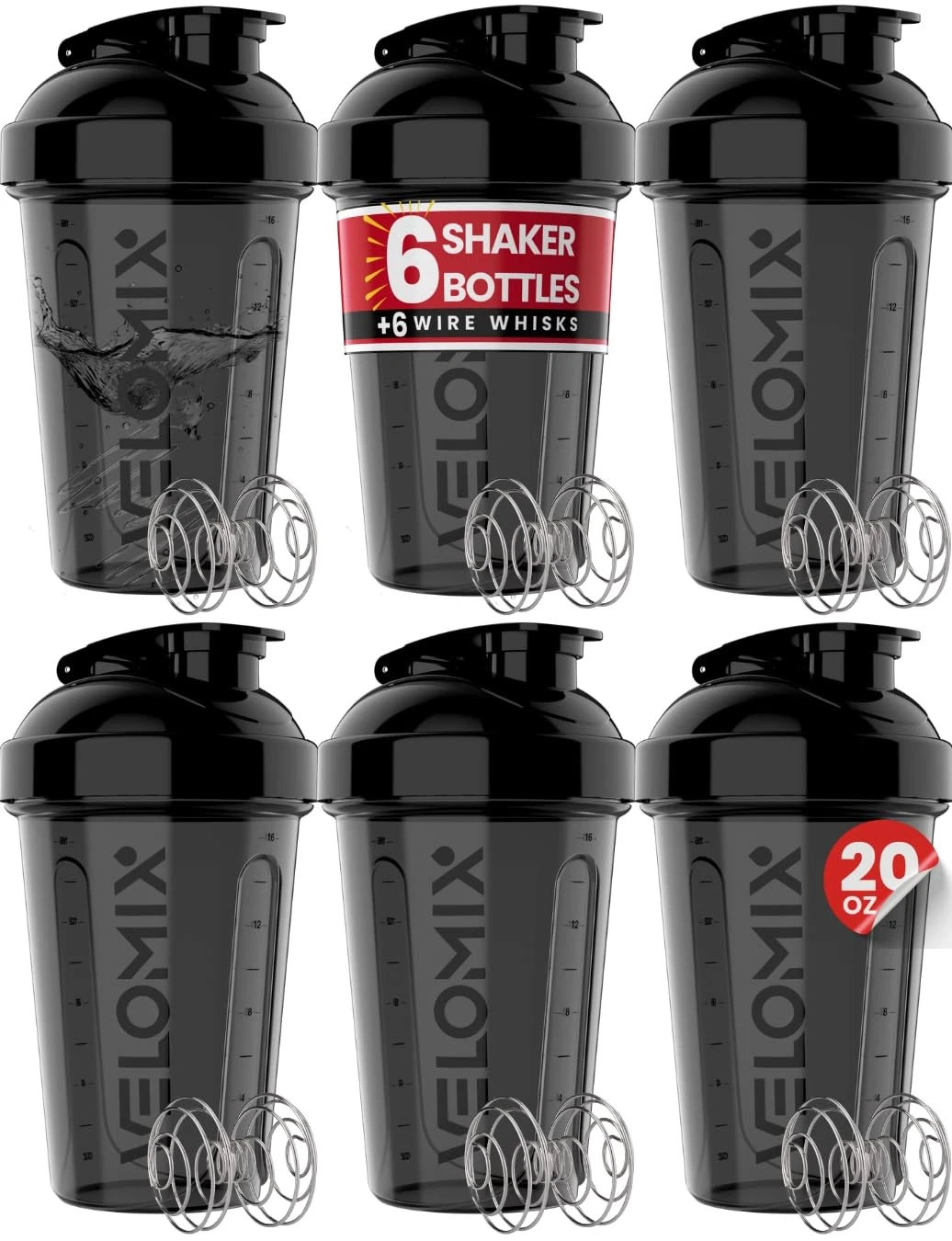 VELOMIX -6 PACK- 20 oz Protein Shaker Bottle for 20 - Ounces, ALL IN BLACK