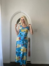 Vintage Back Stage Tropical print Sleeveless Poly Maxi Dress S/M. Made In USA
