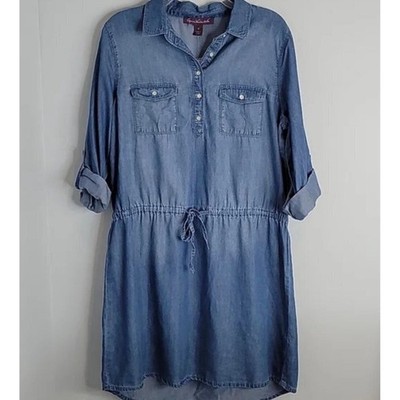 Gloria Vanderbilt Denim Shirt Dress Boho XL Lightweight Chambray Cinch Waist