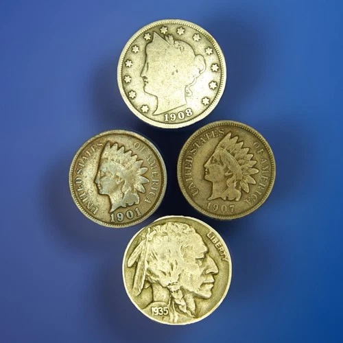Indian Head Penny, Buffalo Head & Liberty V Nickel - 4 coin lot. Mixed Dates🔥