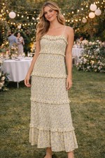 MABLE Women's Medium Floral Smocked Tiered Maxi Dress Yellow Cami Strap -2868