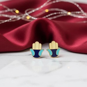 Authentic Fatima Hand Sterling Silver Studs Earrings Minimalist Enameled Jewelry