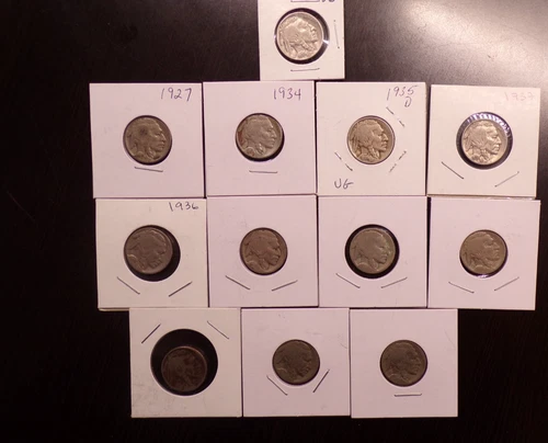 VINTAGE United States Coin Lot of 12 Buffalo Nickels 1913-1938 some Dateless