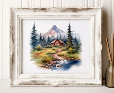 Cabin Art Print, Mountain Cabin Wall Art Print, Art Decor, Cabin in Woods Print