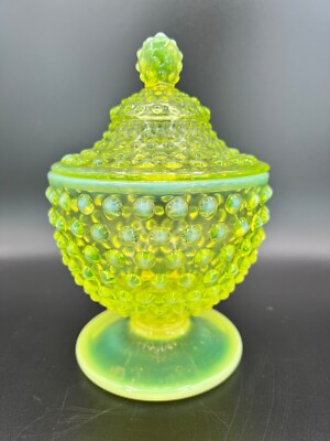 Fenton Glass Topaz Vaseline Opalescent Hobnail Covered Candy Dish