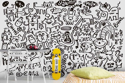 3D Abstract Crazy Doodle Cat Self-adhesive Removable Wallpaper Murals Wall 750