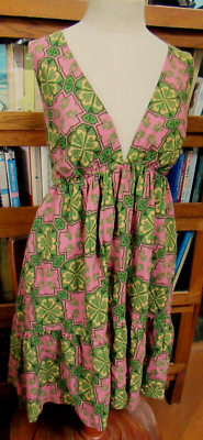 House of Harlow 1960 Dress Women's XS Retro Mod Pink Green Linen Rayon Rear  Tie | eBay