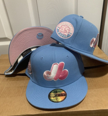 New Era MONTREAL EXPOS 59FIFTY Fitted Hat Cap SKY BLUE PINK UV Side Patch 7 1/2