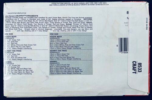 VOGUE 8533 JIM HENSON 4” MUPPET ORNAMENTS PATTERN KERMIT FOZZIE ANIMAL FF UNCUT - Picture 2 of 4