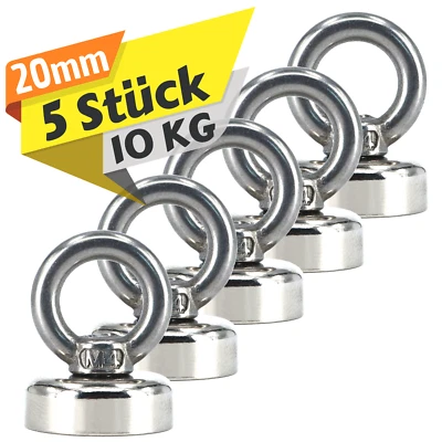 MVT MAGNETE Neodym Topfmagnet mit Öse 20 mm 10 Kg Magnet M4 Gewinde Loch Bohrung Senkung