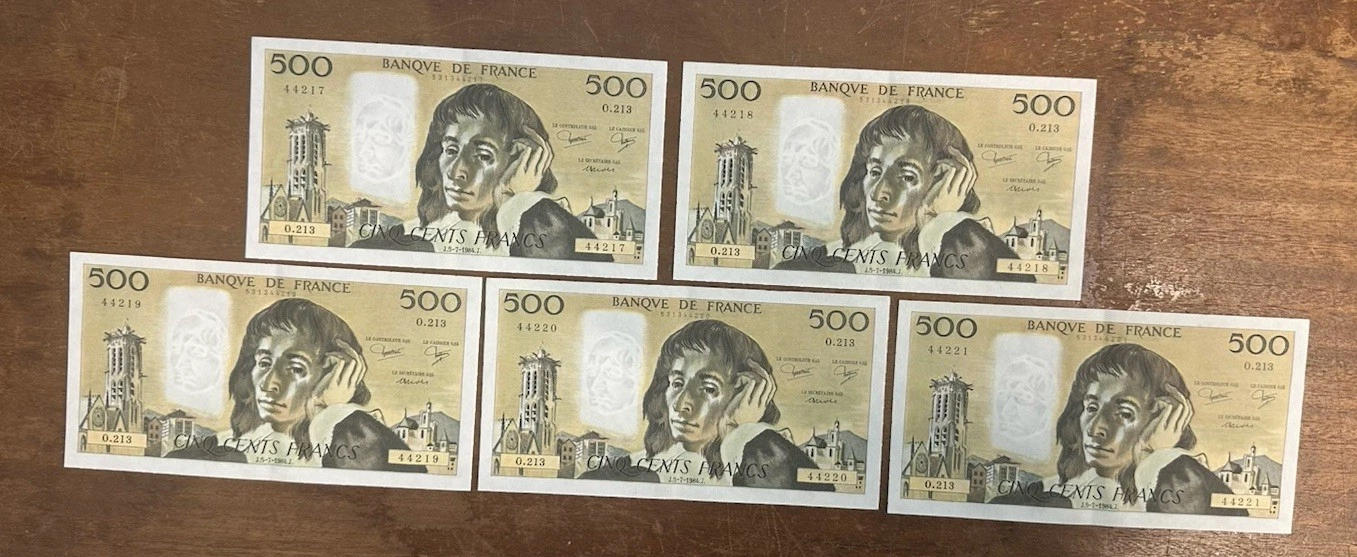 Lot De Cinq Billets 500 Fr. Francs Pascal Se Suivent 1984