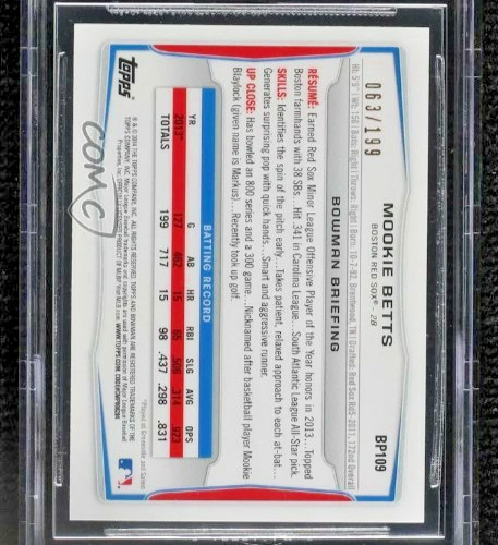 2014 Bowman 1st Prospect Rookie /199 Green Paper #BP109 Mookie Betts RC SP BGS 9 view 14
