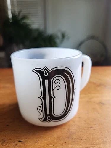 Vintage Federal Milk Glass Coffee Mug Initial “D” Monogram Cup. Measures 3.25"