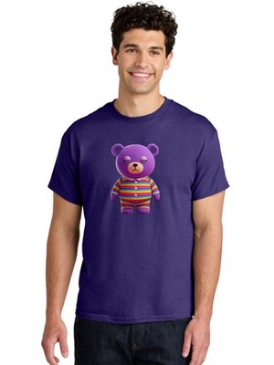 Purple-Teddy-Bear Mens Graphic Tee, 100% Cotton, Casual Summer Wear