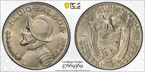 1933 Panama 1/2 Balboa PCGS AU58