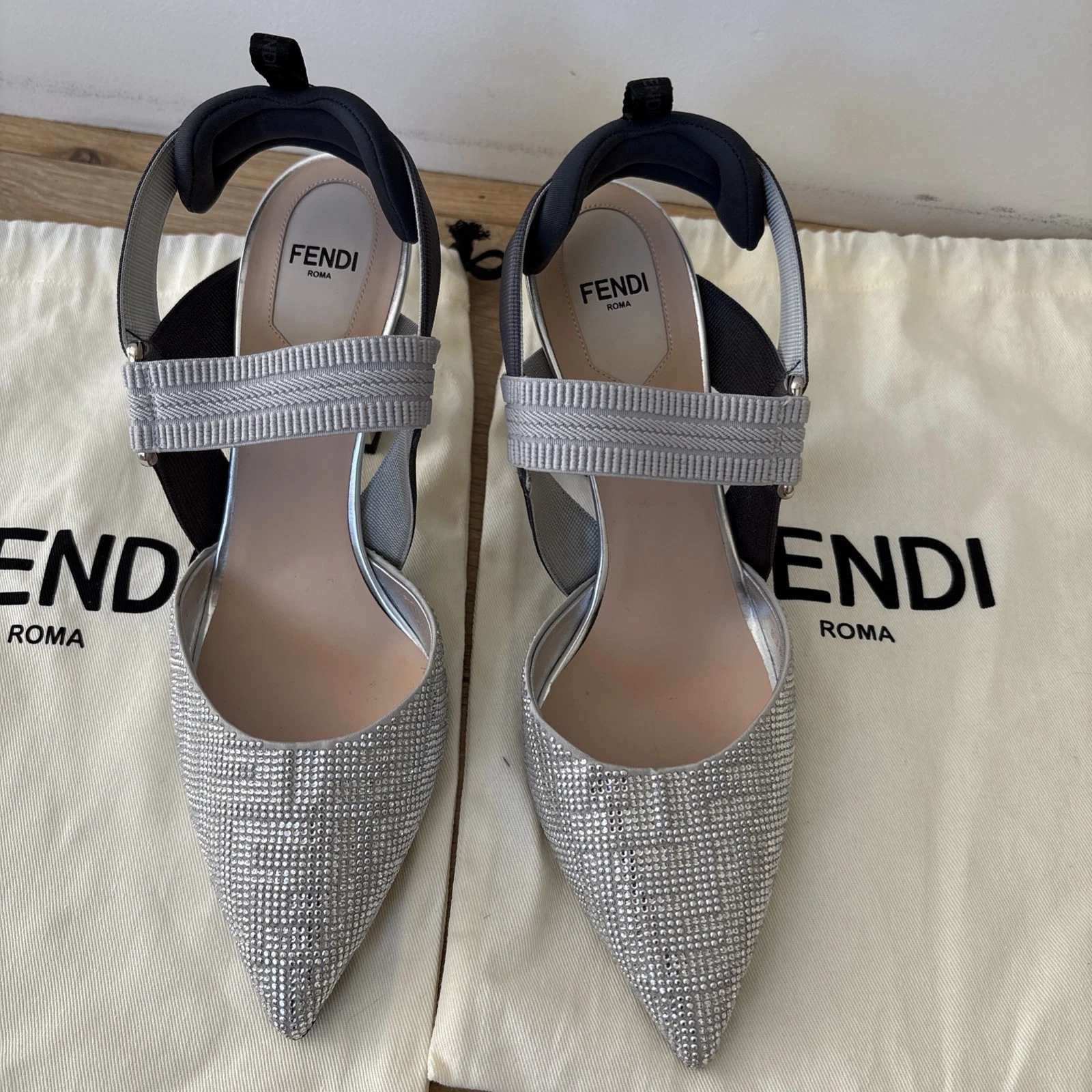 Fendi — Fendi Colibrì Lite Silver FF Slingback Pumps 38 1/2 US 8.5