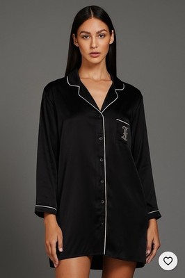 Juicy Couture Women's Satin Button Down Sleep Shirt Black & Pink JC4010E1 Size L