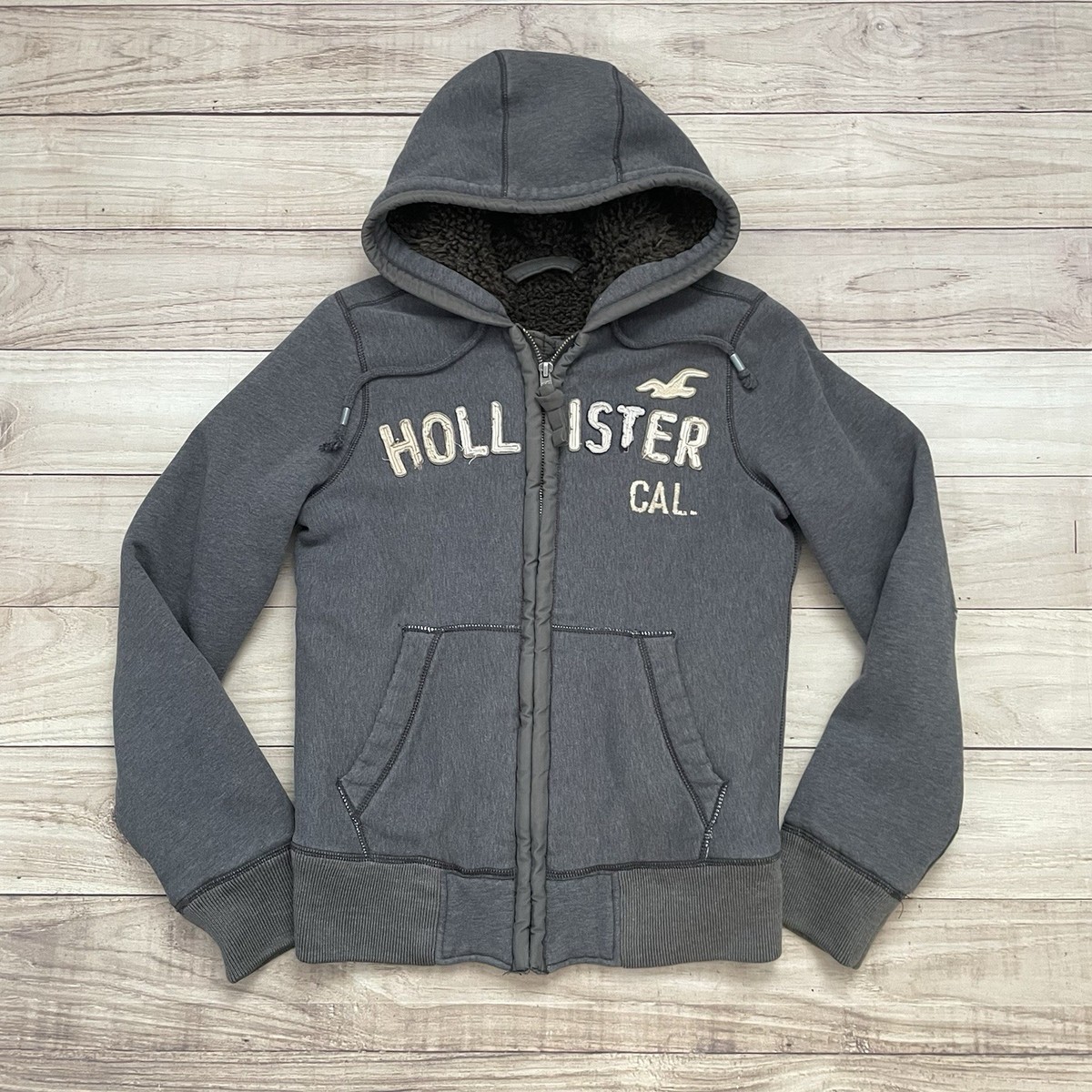 Vintage Y2K Hollister Gray Sherpa Lined Hoodie Adult S Strands 