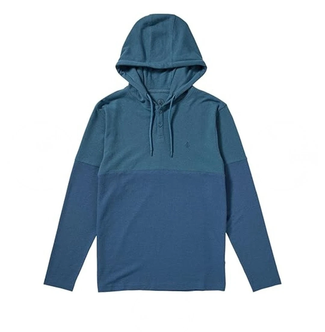 Volcom Mens XL Nunez Colorblock Thermal Henley Long Sleeve Hoodie Blue Green
