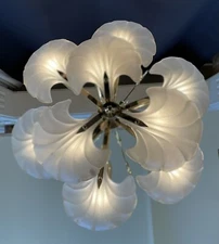 Vintage Deknudt Frosted Glass Clam Sea Shell Chandelier Brass Hollywood Regency