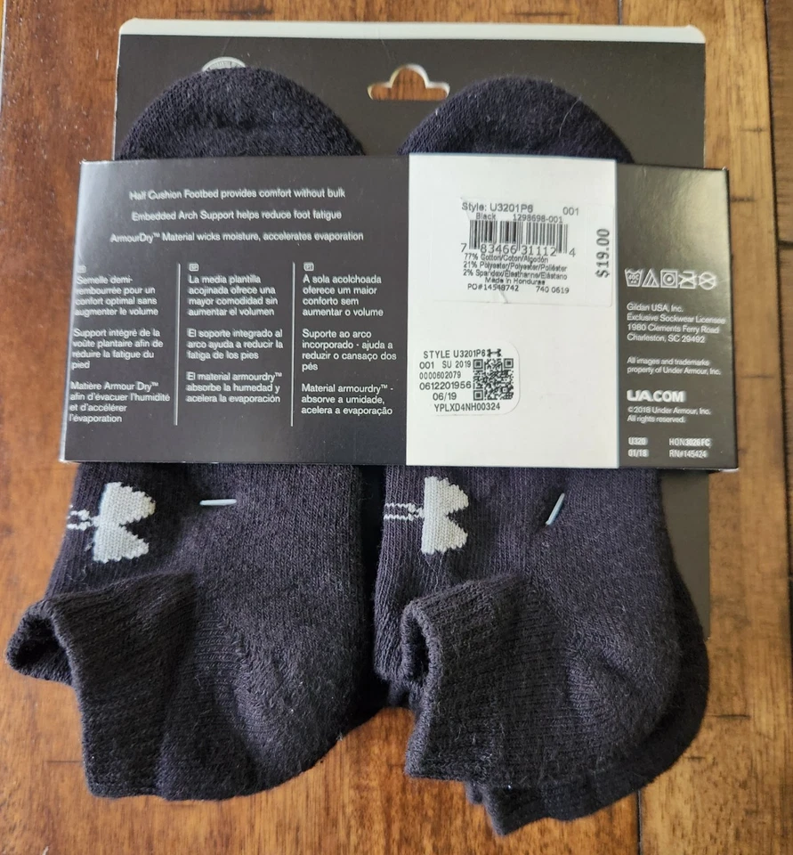 ПОД ARMOUR черный носки не показать молодежи UA 6 пара 13,5-4 Y заряженный хлопок новый - Изображение 2 из 4