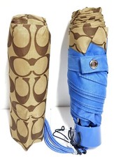 Coach Mini Umbrella Signature Print UV Protection Racer Blue Silver Khaki NWT