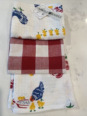 APRIL CORNELL Farm Animal Red Plaid KITCHEN SET Of 3 TEATOWELS 19X27''MULTI NEW